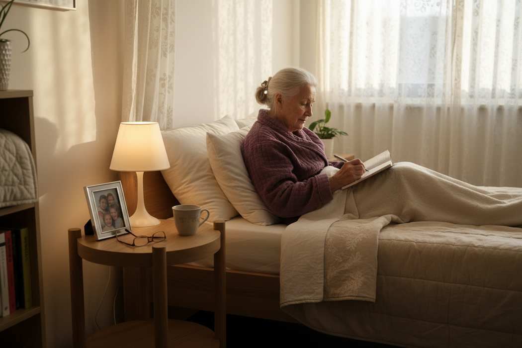 Oudere vrouw schrijft dagboek in bed 12:38