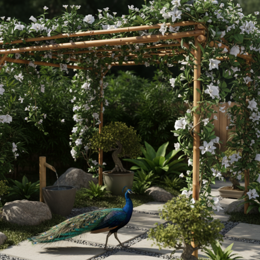 Pergola met begroeiing en pauw