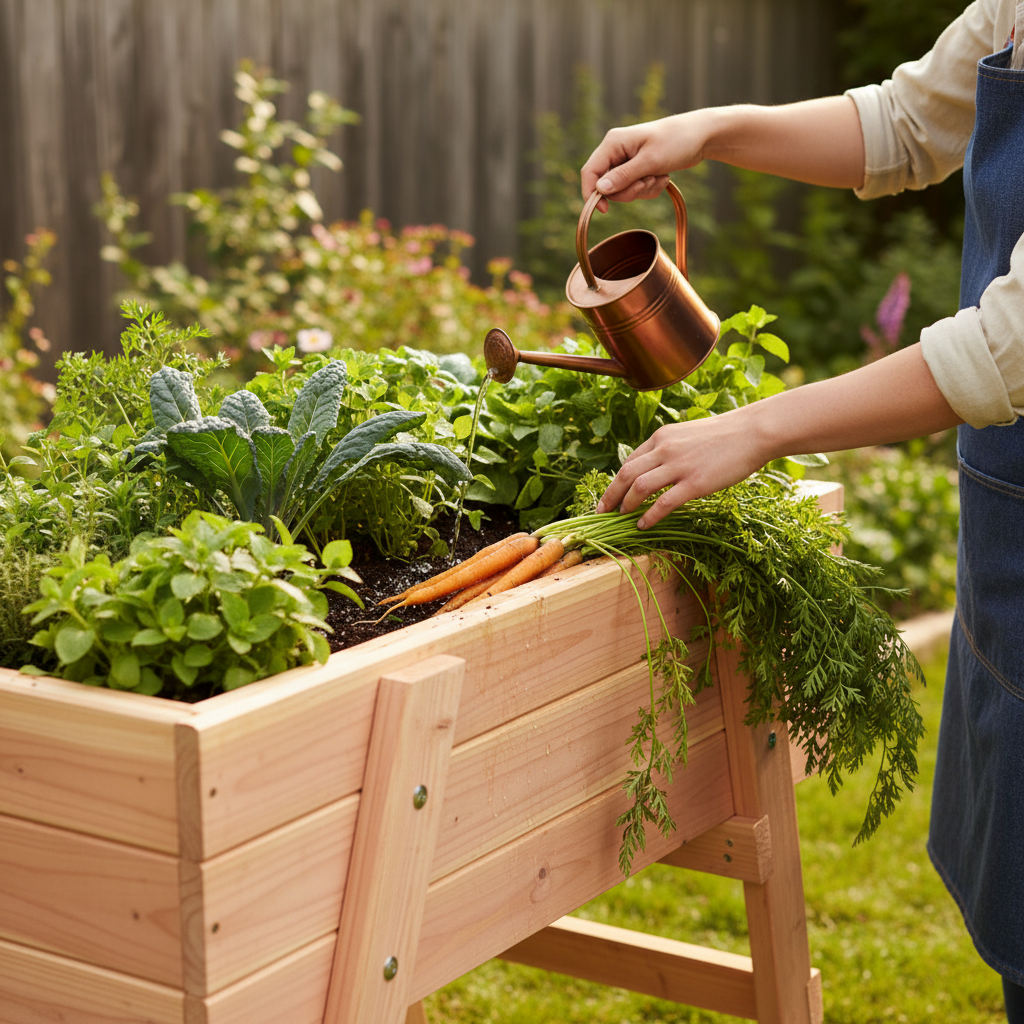 Persoon aan het werk met moestuintafel