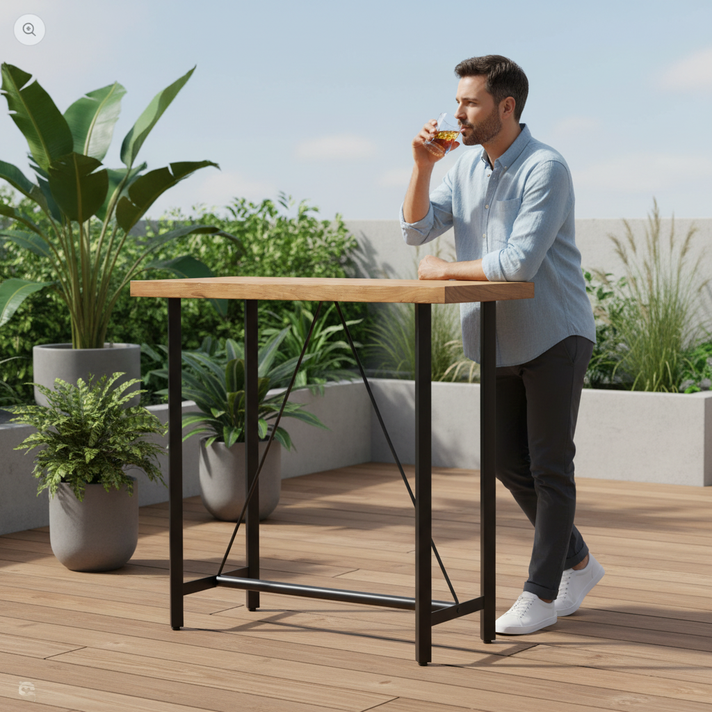 Persoon aan rechthoekige bartafel in tuin