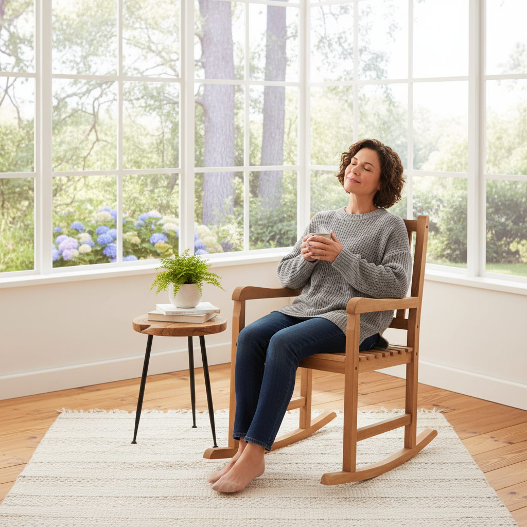 Persoon in schommelstoel in serre