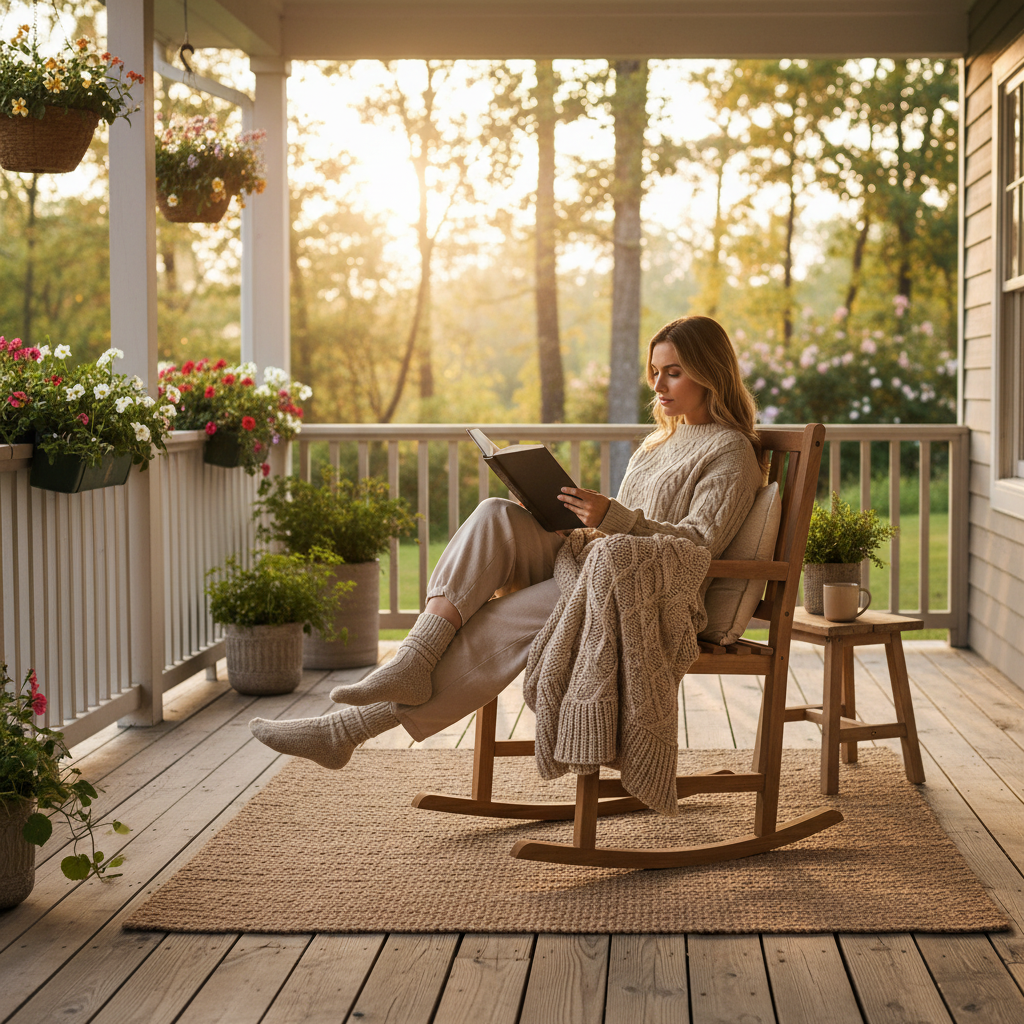 Persoon in schommelstoel op veranda