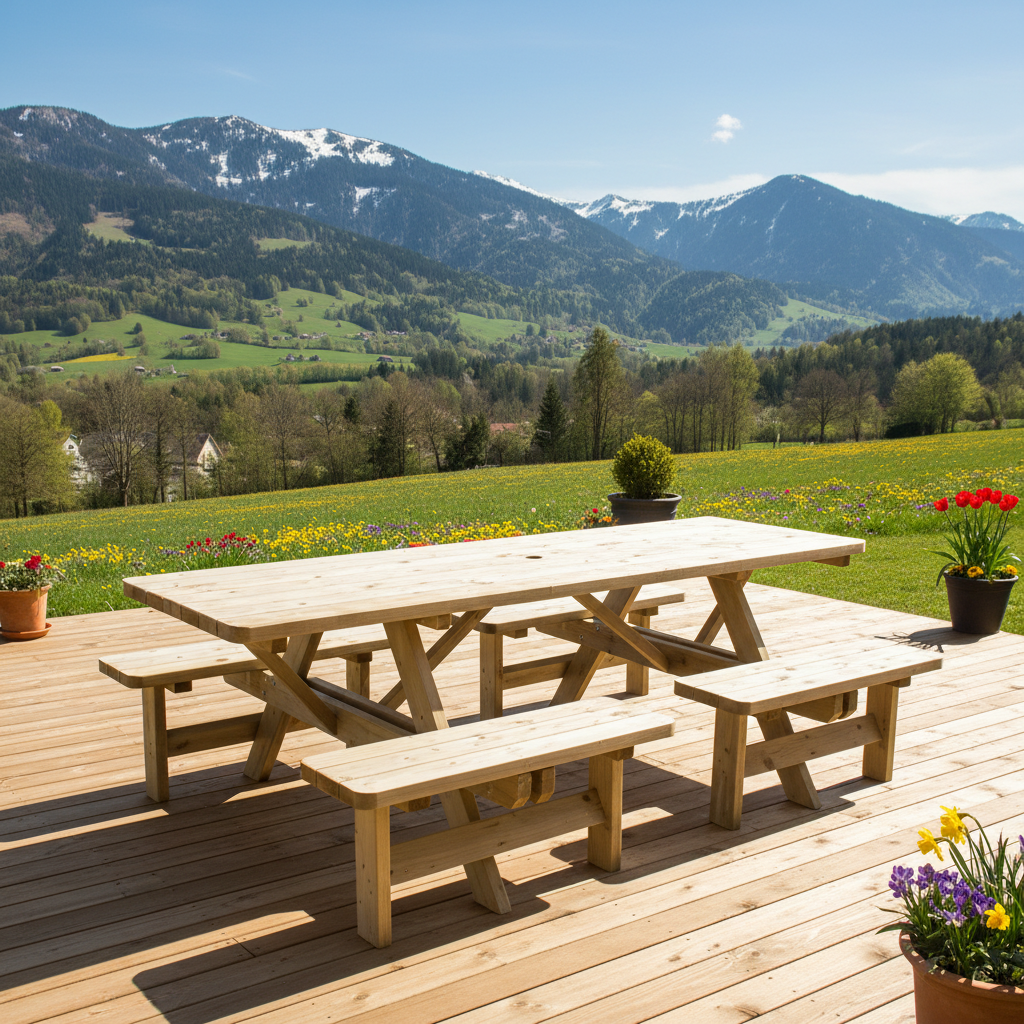 Picknicktafel 240cm op houten terras met bergzicht