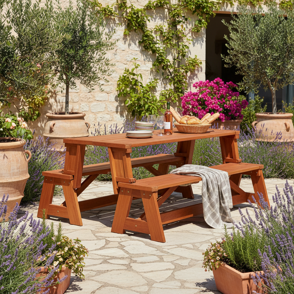 Picknicktafel configuratie in villa tuin
