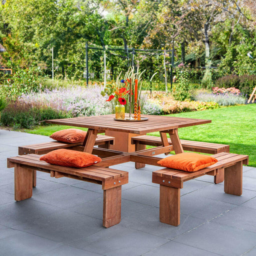 Duurzame hardhouten vierkante picknicktafel - 210 x 210 cm