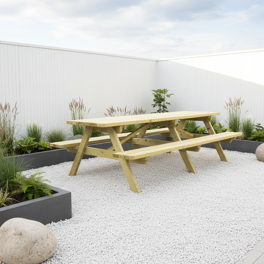 Picknicktafel in moderne tuin met witte grind