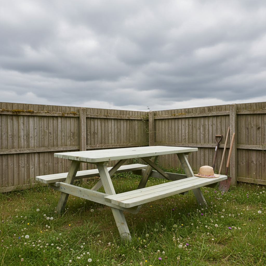 Picknicktafel in natuurlijke tuin