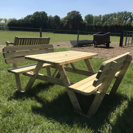 Picknicktafel 140 cm met rugleuningen: de hele tafel met twee banken op het gras