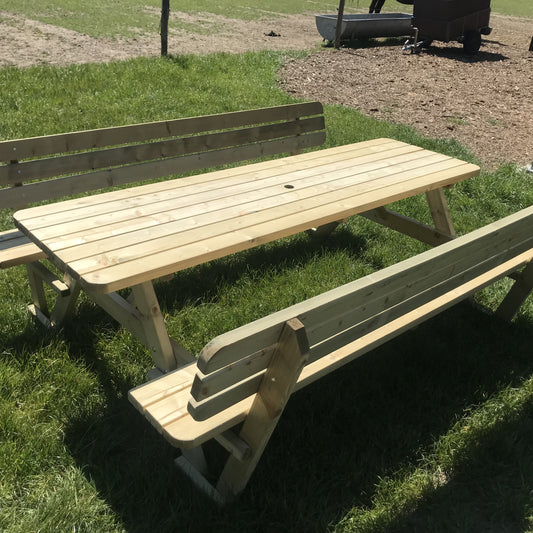 Picknicktafel 240 cm met rugleuningen: de hele tafel met twee banken op het gras