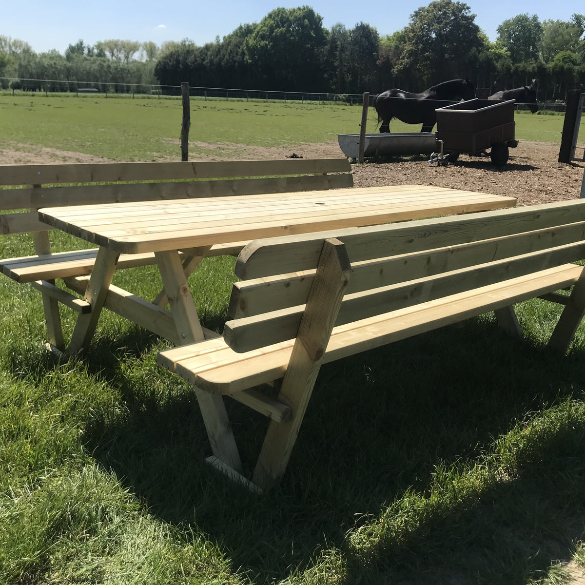 Picknicktafel 240 cm met rugleuningen: zijaanzicht in de weide