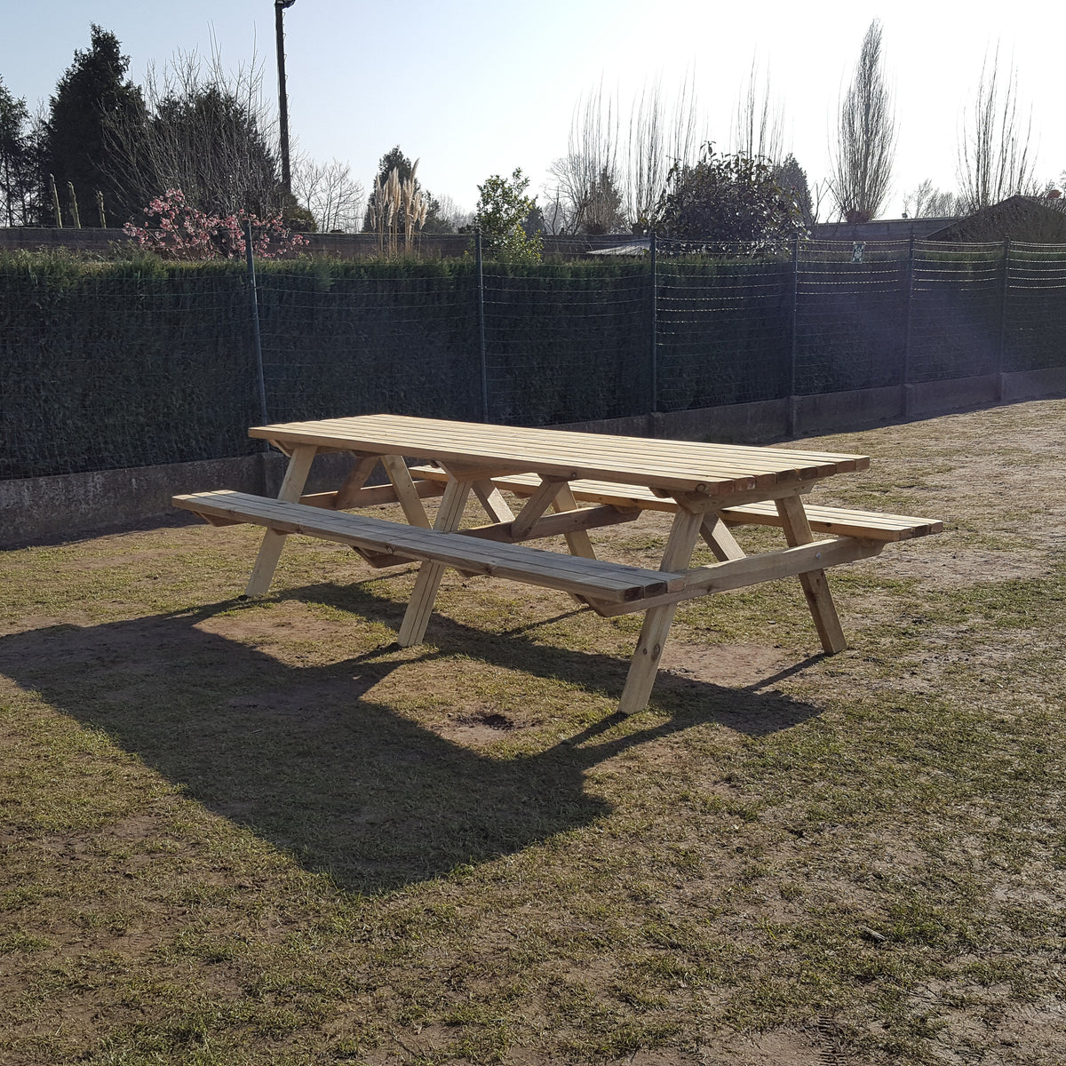 Picknicktafel 300 cm: de hele tafel op het gras in de lage zon
