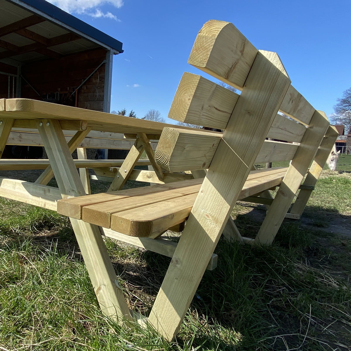 Picknicktafel 300 cm met 2 rugleuningen: detail van de rugleuning met bouten