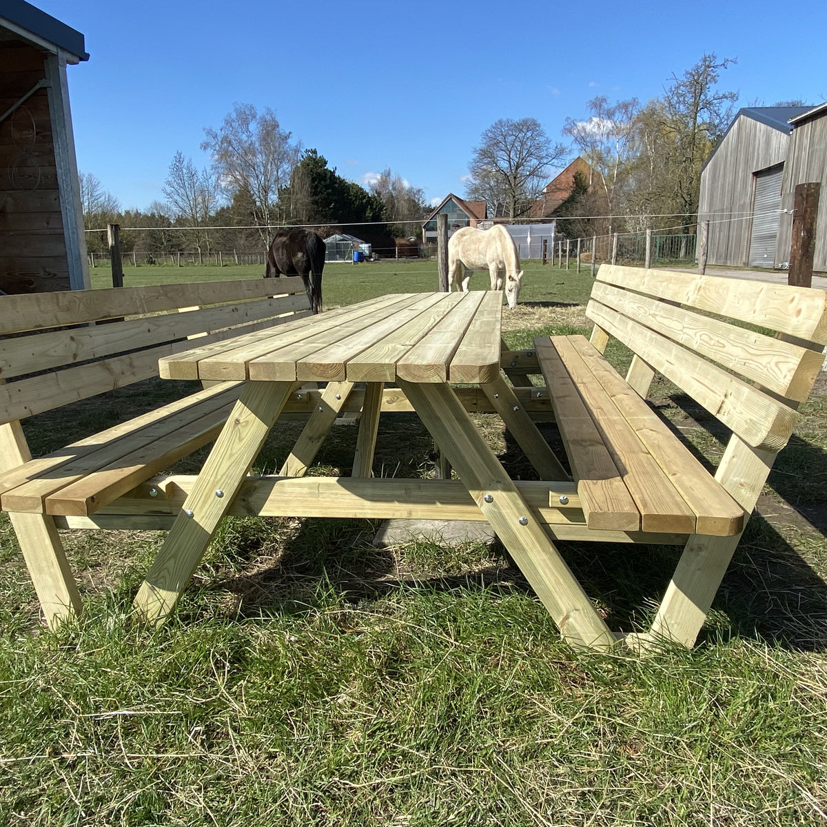 Picknicktafel 300 cm met 2 rugleuningen: laag zijaanzicht
