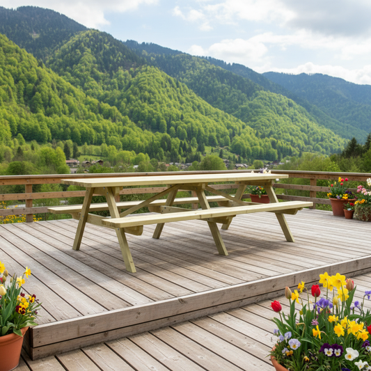 Picknicktafel op houten terras met bergzicht