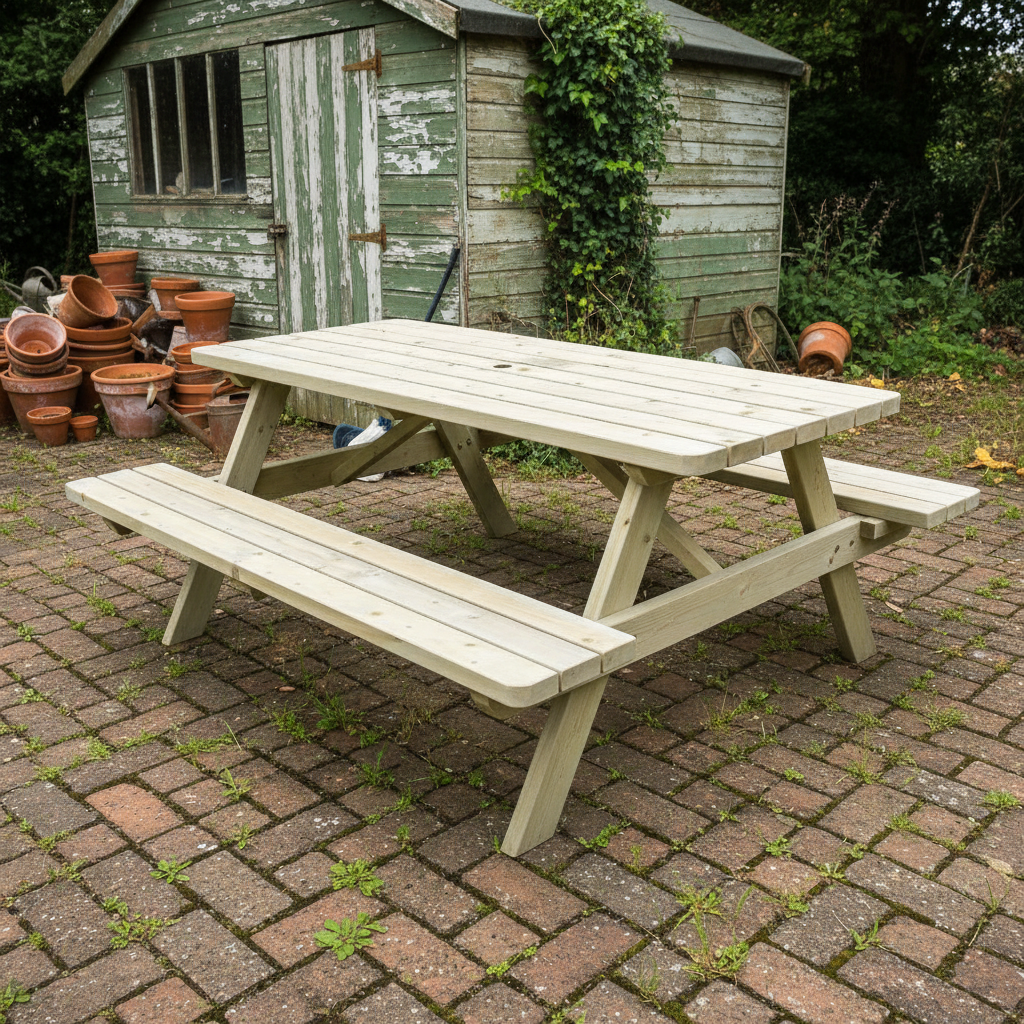 Picknicktafel zijkant op bakstenen