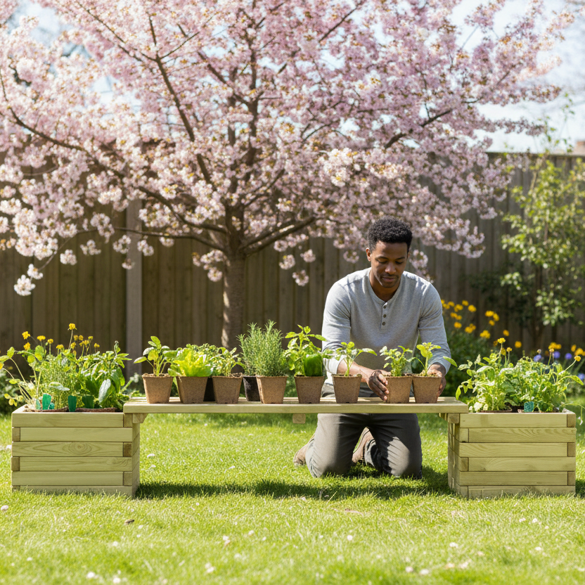 Plantenbank grenen spring backyard met persoon