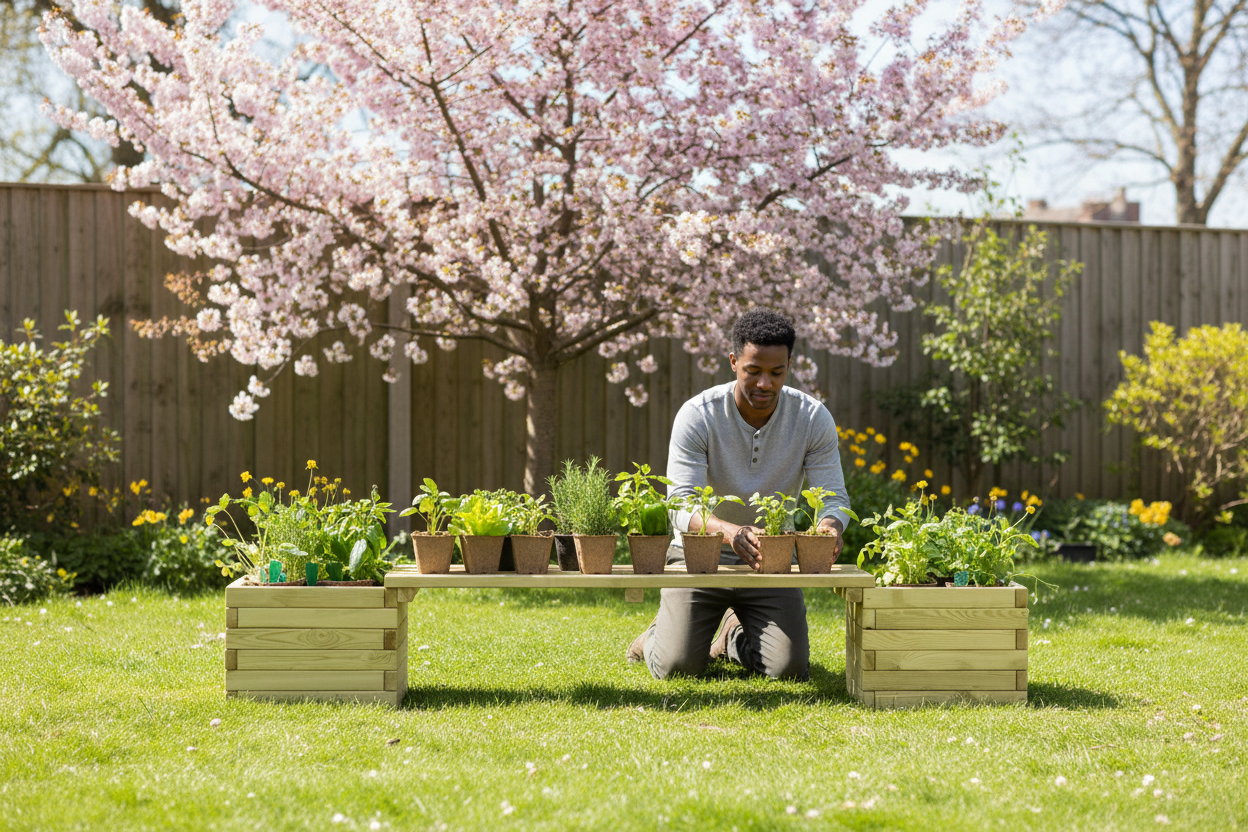 Plantenbank grenen spring backyard met persoon