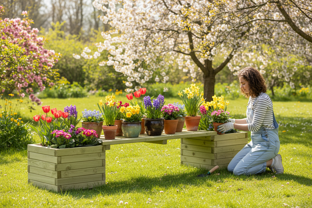 Plantenbank grenen spring garden met vrouw