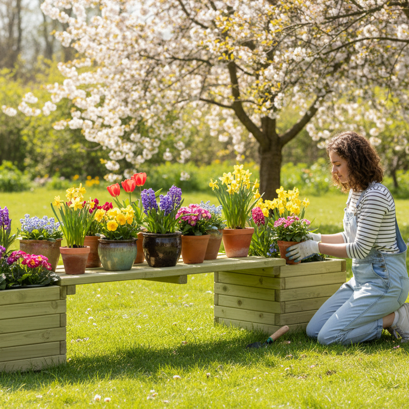 Plantenbank grenen spring garden met vrouw
