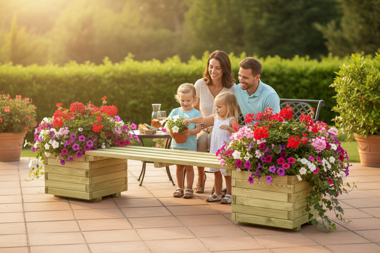 Plantenbank grenen summer terrace met gezin