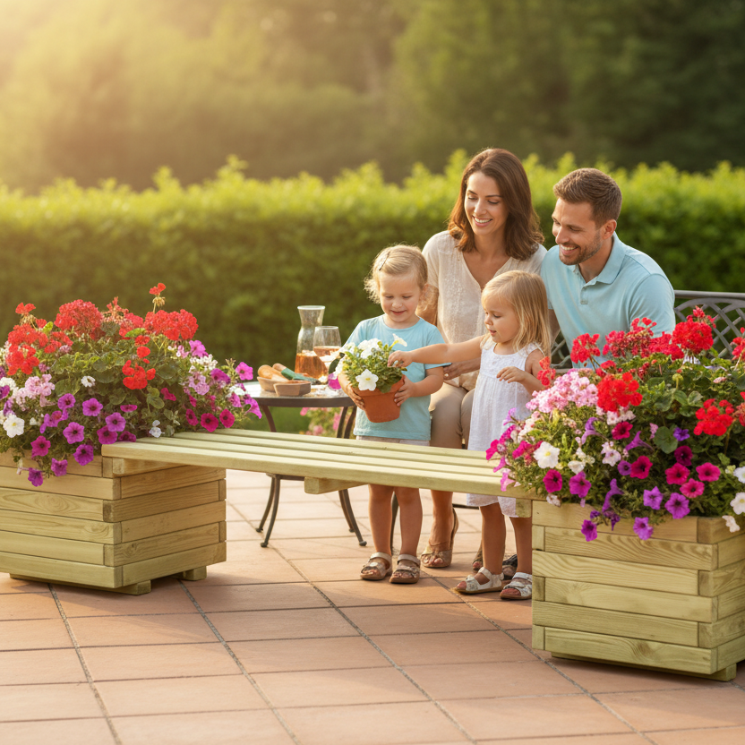 Plantenbank grenen summer terrace met gezin