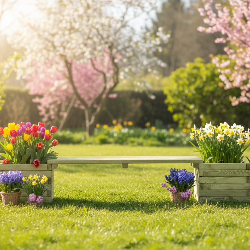 Plantenbank in spring garden front angle