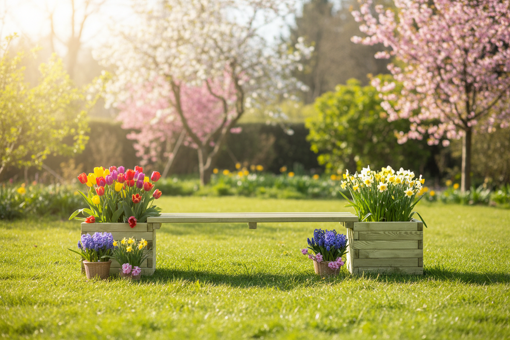 Plantenbank in spring garden front angle