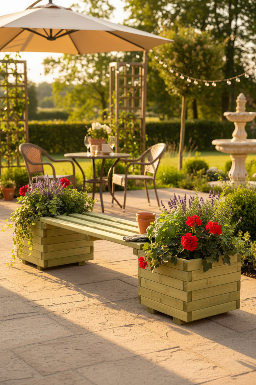 Plantenbank op summer patio side angle