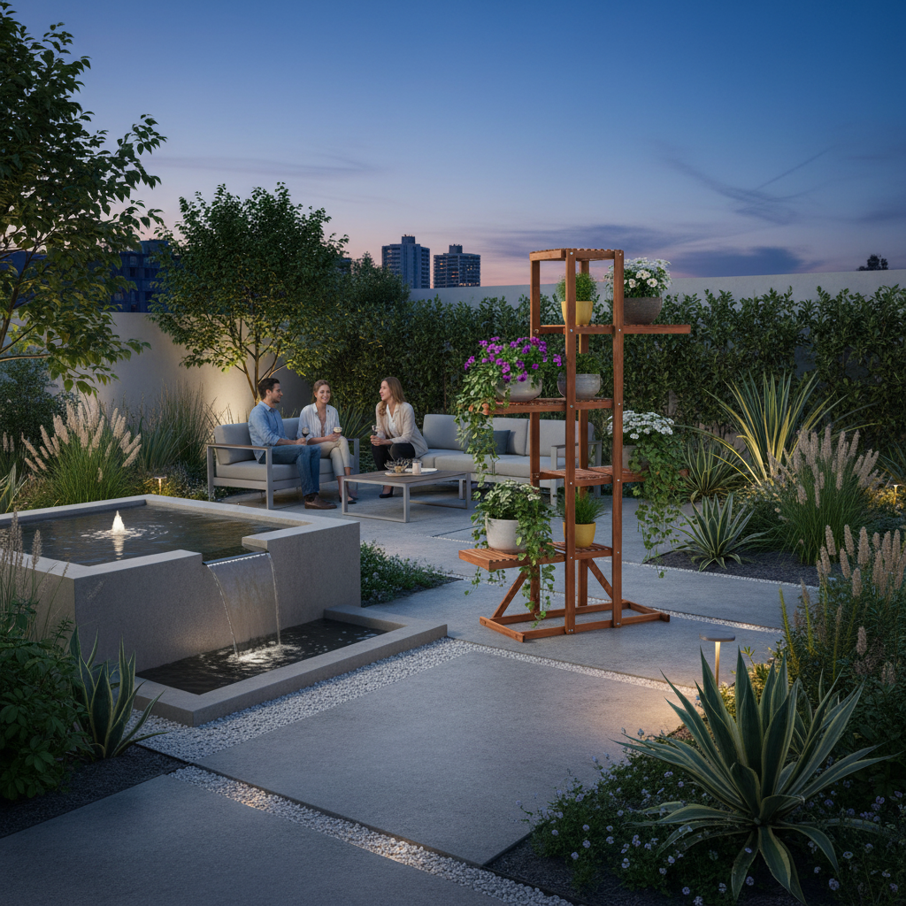 Plantenstandaard in moderne stadstuin