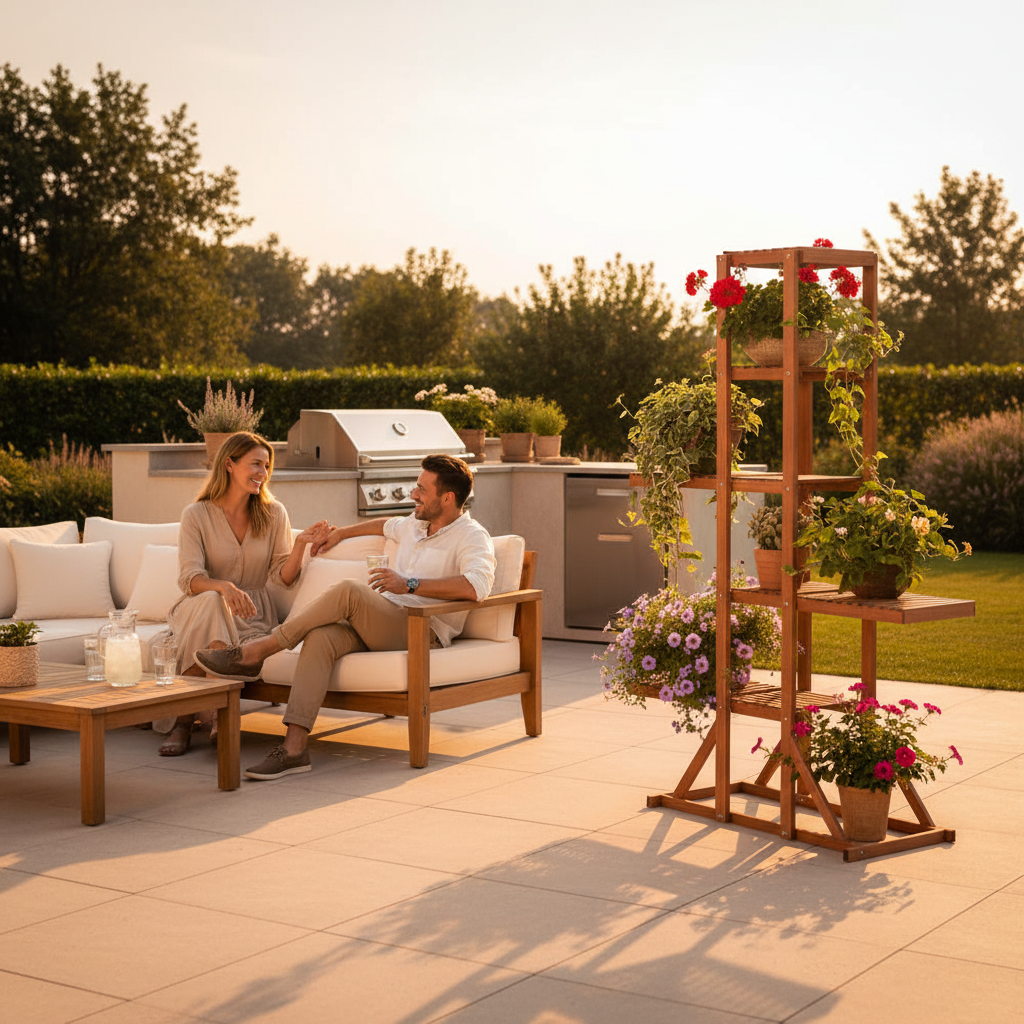 Plantenstandaard in tuin met loungehoek