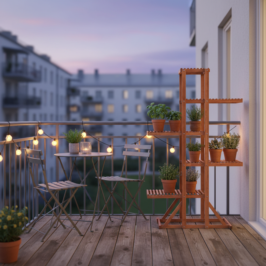 Plantenstandaard op balkon met sfeerverlichting