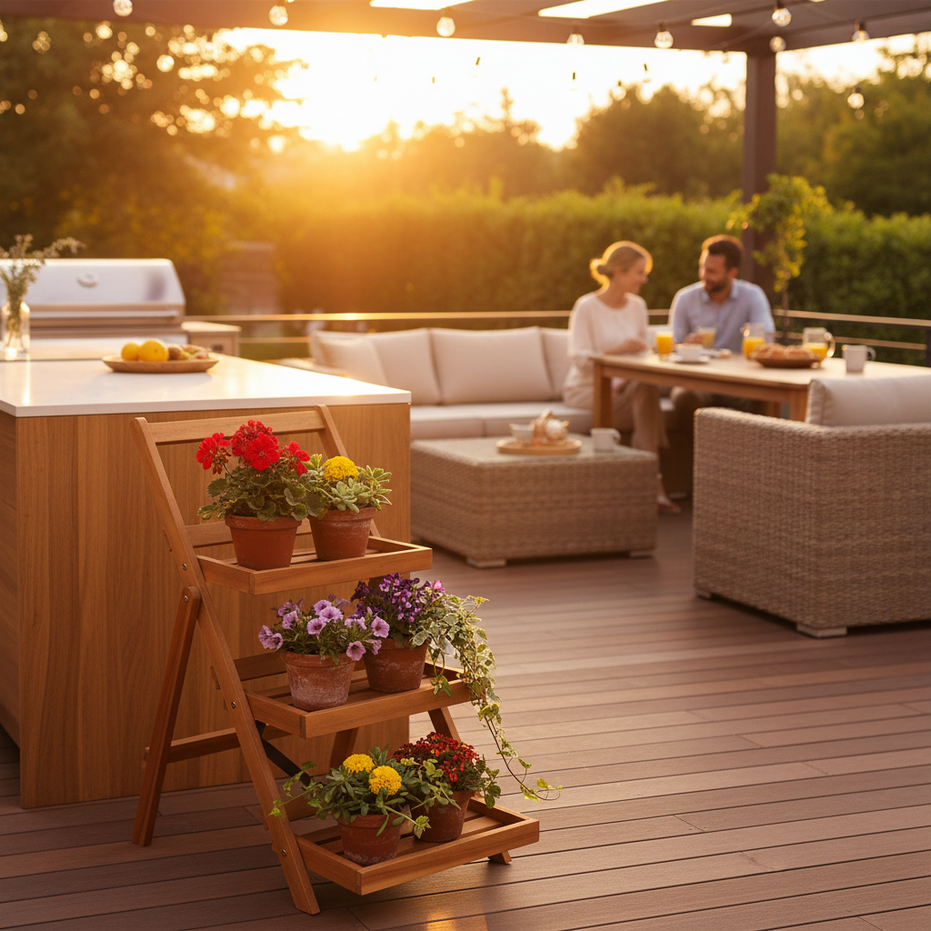 Plantenstandaard terras golden hour