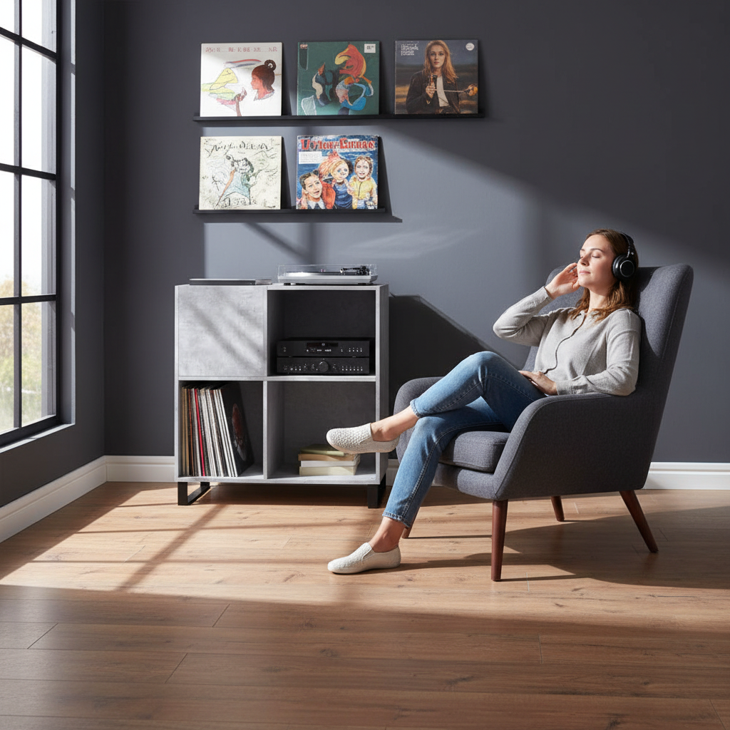 Platenkast betongrijs in moderne muziekkamer