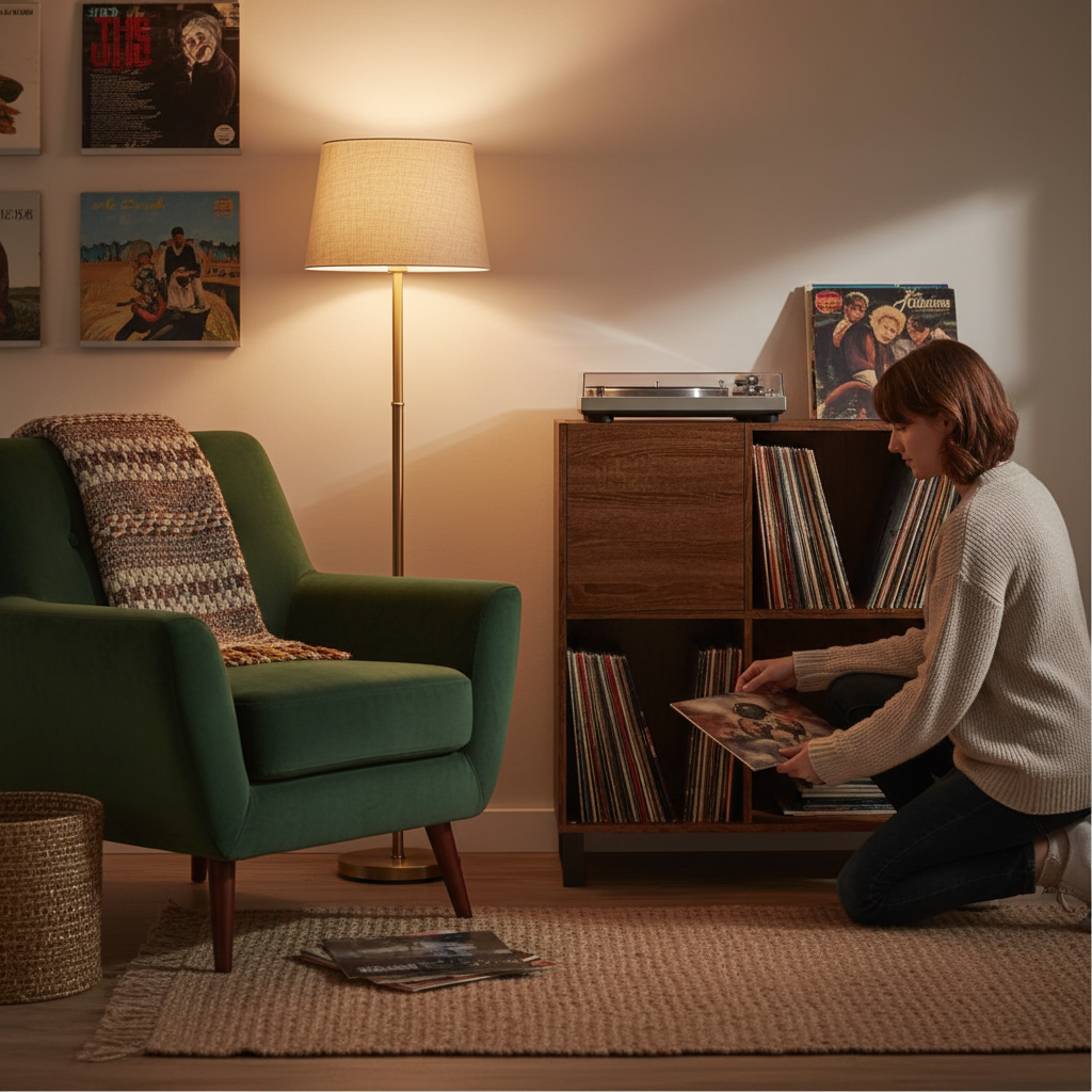 Platenkast bruineiken in muziekkamer