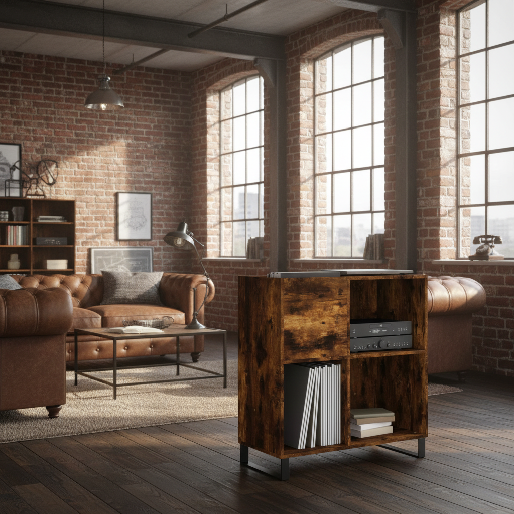 Platenkast Gerookt eiken in industriële loft