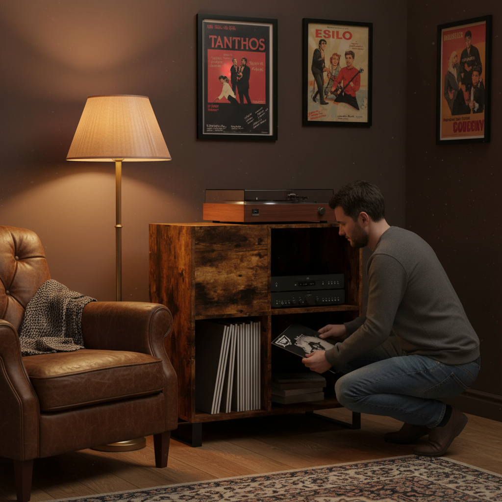 Platenkast Gerookt eiken in vintage muziekkamer