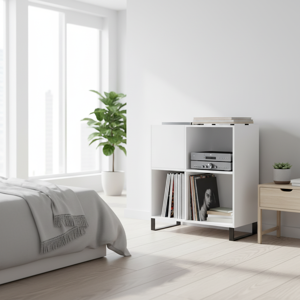 Platenkast hoogglans wit in minimalistische slaapkamer
