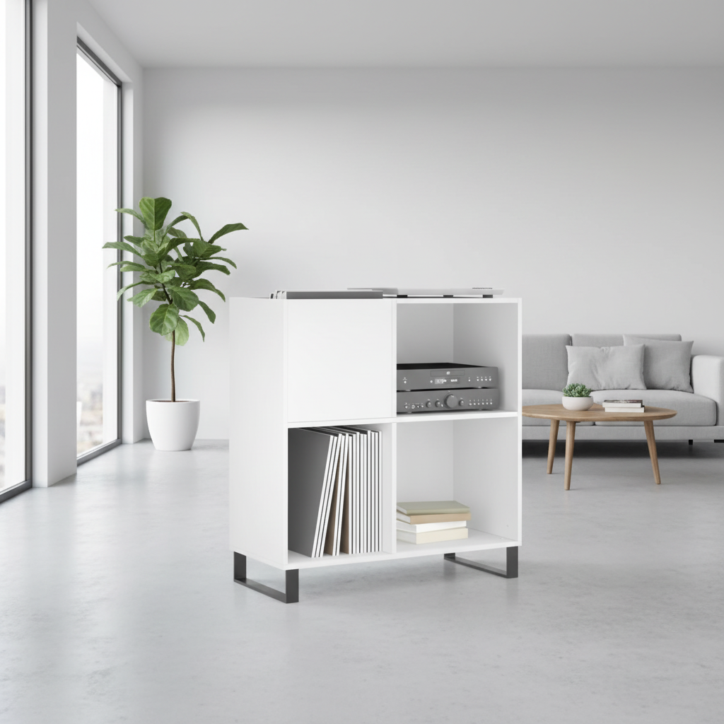 Platenkast wit in minimalistische woonkamer