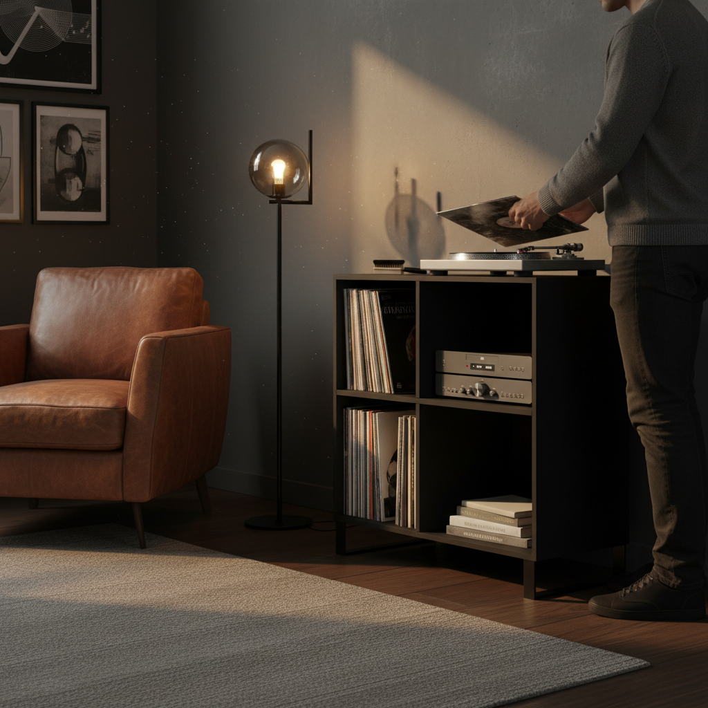 Platenkast zwart in industriële muziekkamer