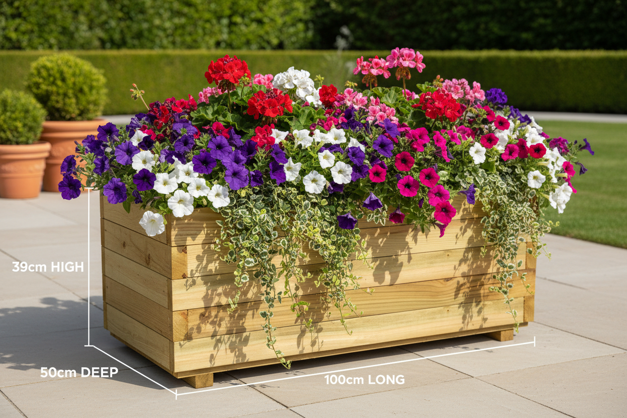 Productfoto lange rechthoekige bloembak met bloemen