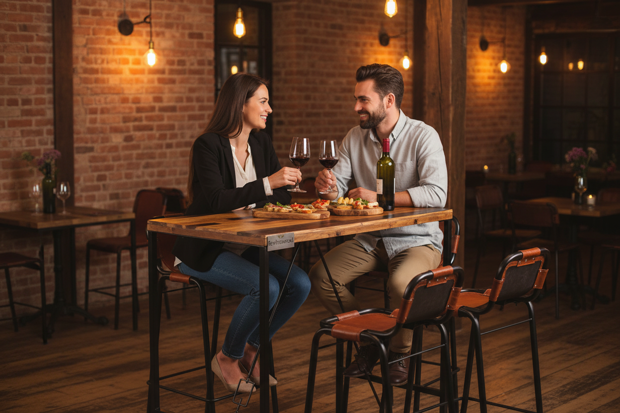 Restaurant with couple and Revivawood logo