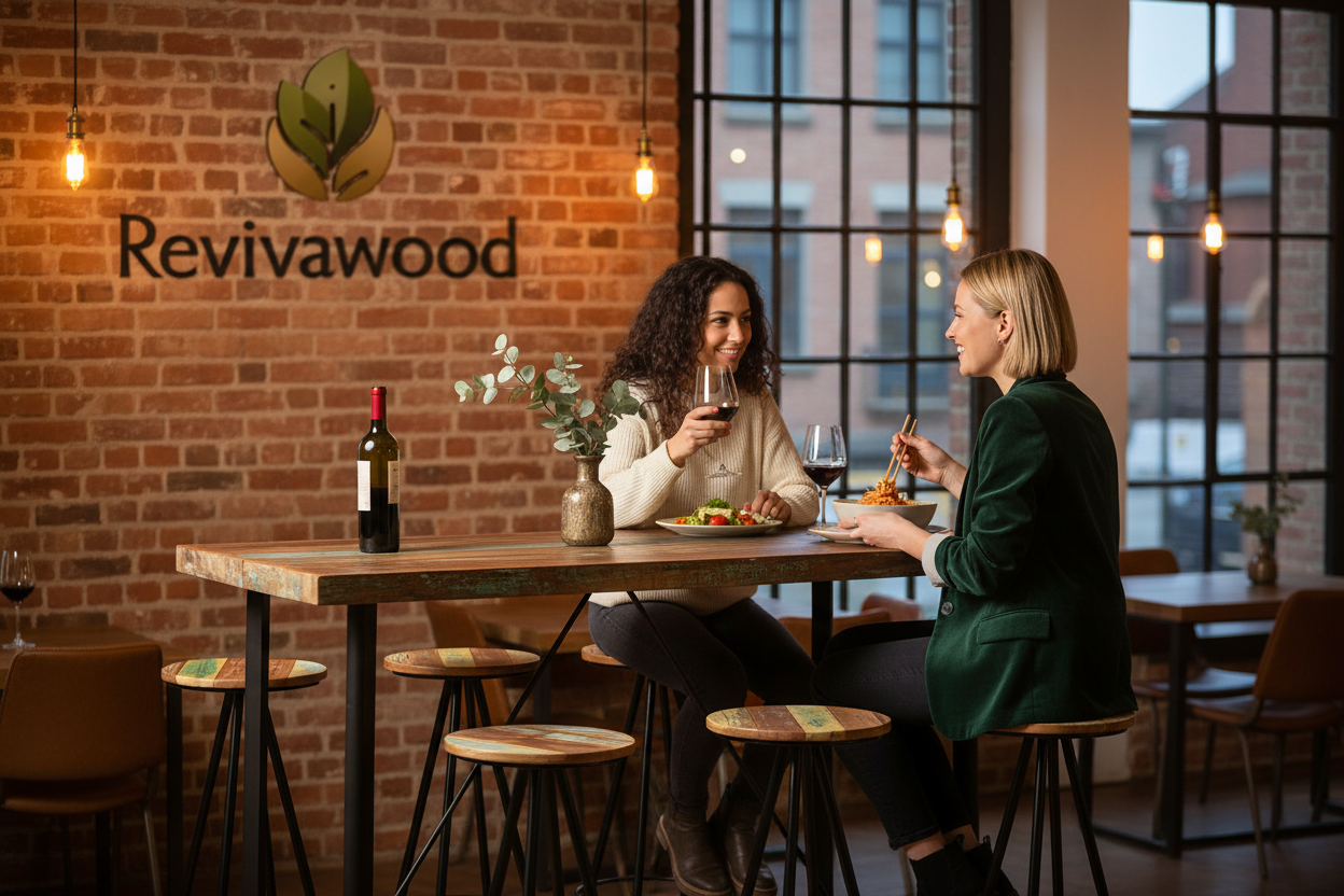 Restaurant with women and Revivawood logo