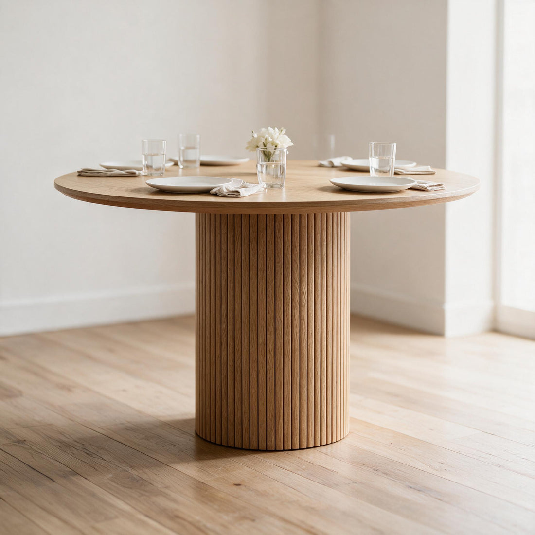 Ronde eettafel in eikenlook, gedekt voor vier personen