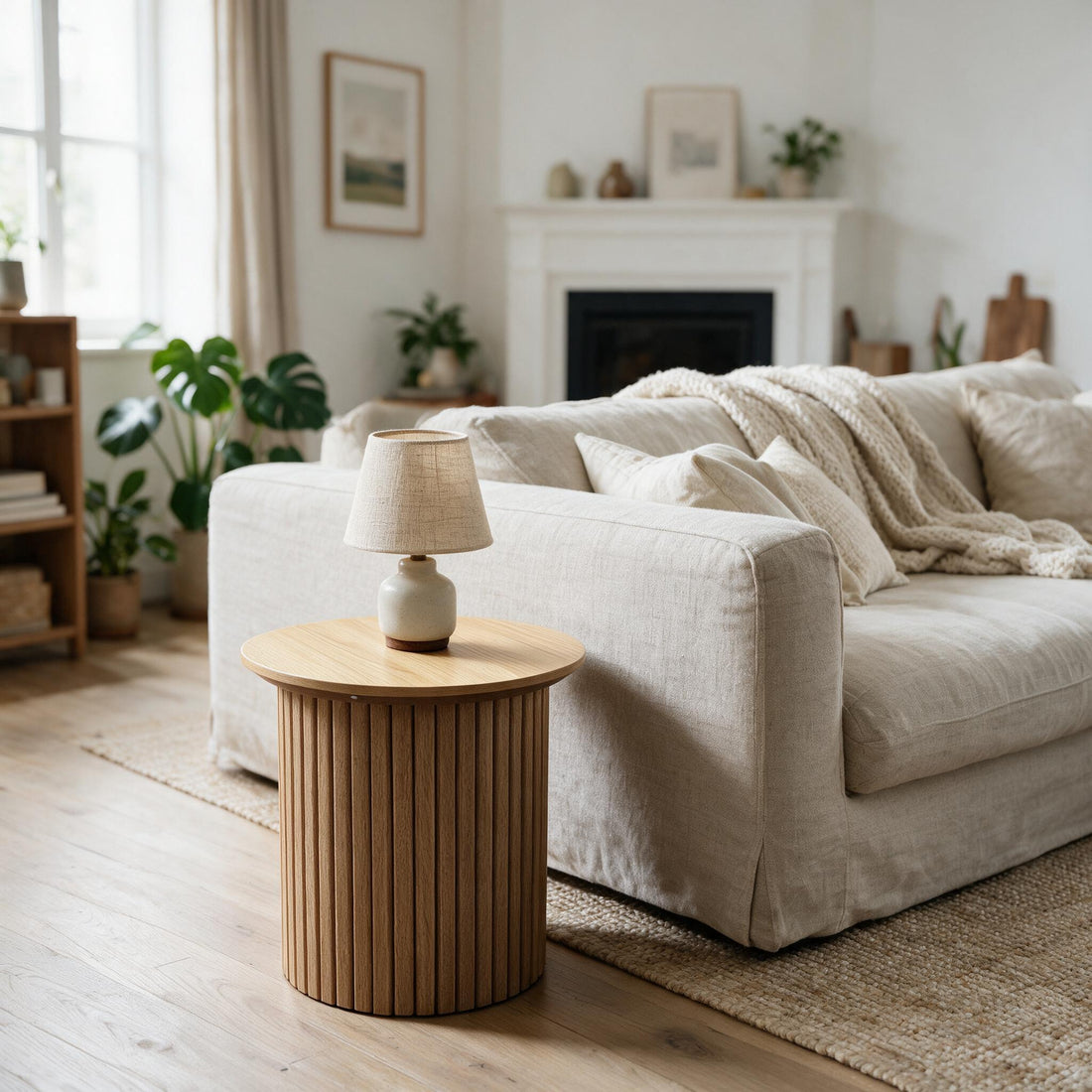 Ronde bijzettafel Ø45 cm met geribbelde trommelvoet in eikenlook, naast een zetel met lamp