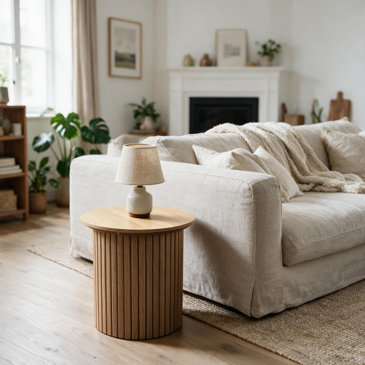 Ronde bijzettafel Ø45 cm met geribbelde trommelvoet in eikenlook, naast een zetel met lamp