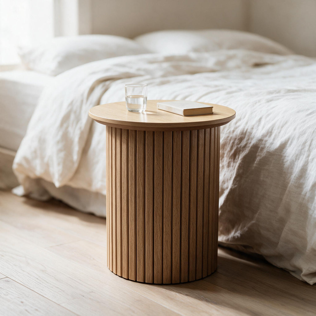 Ronde bijzettafel Ø45 cm met geribbelde trommelvoet in eikenlook, als nachtkastje naast een bed