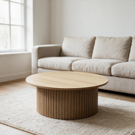 Ronde salontafel Ø80 cm met geribbelde trommelvoet, licht eiken blad en warmere ribben, in een lichte woonkamer