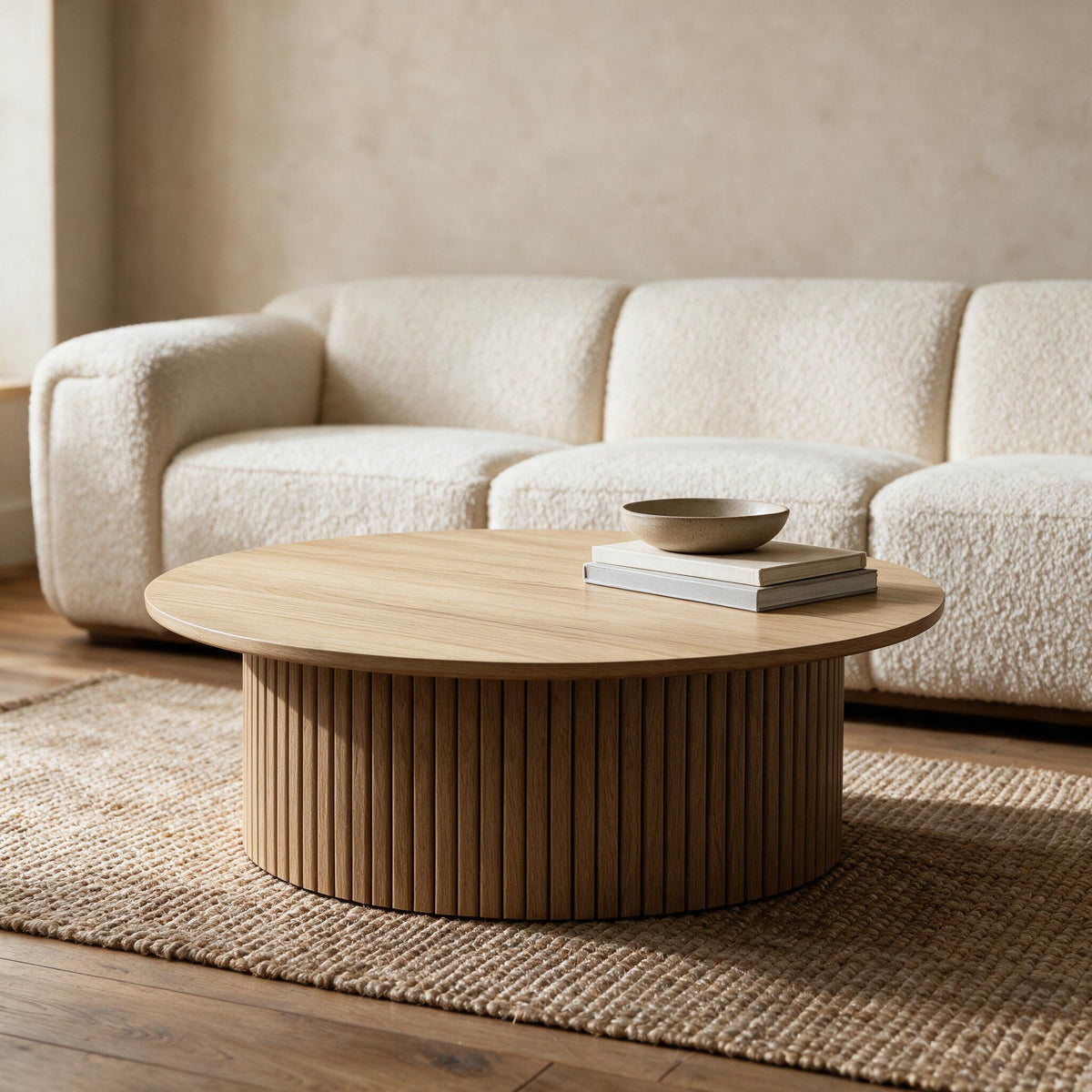 Ronde salontafel Ø80 cm met geribbelde trommelvoet in eikenlook, in een warme woonkamer