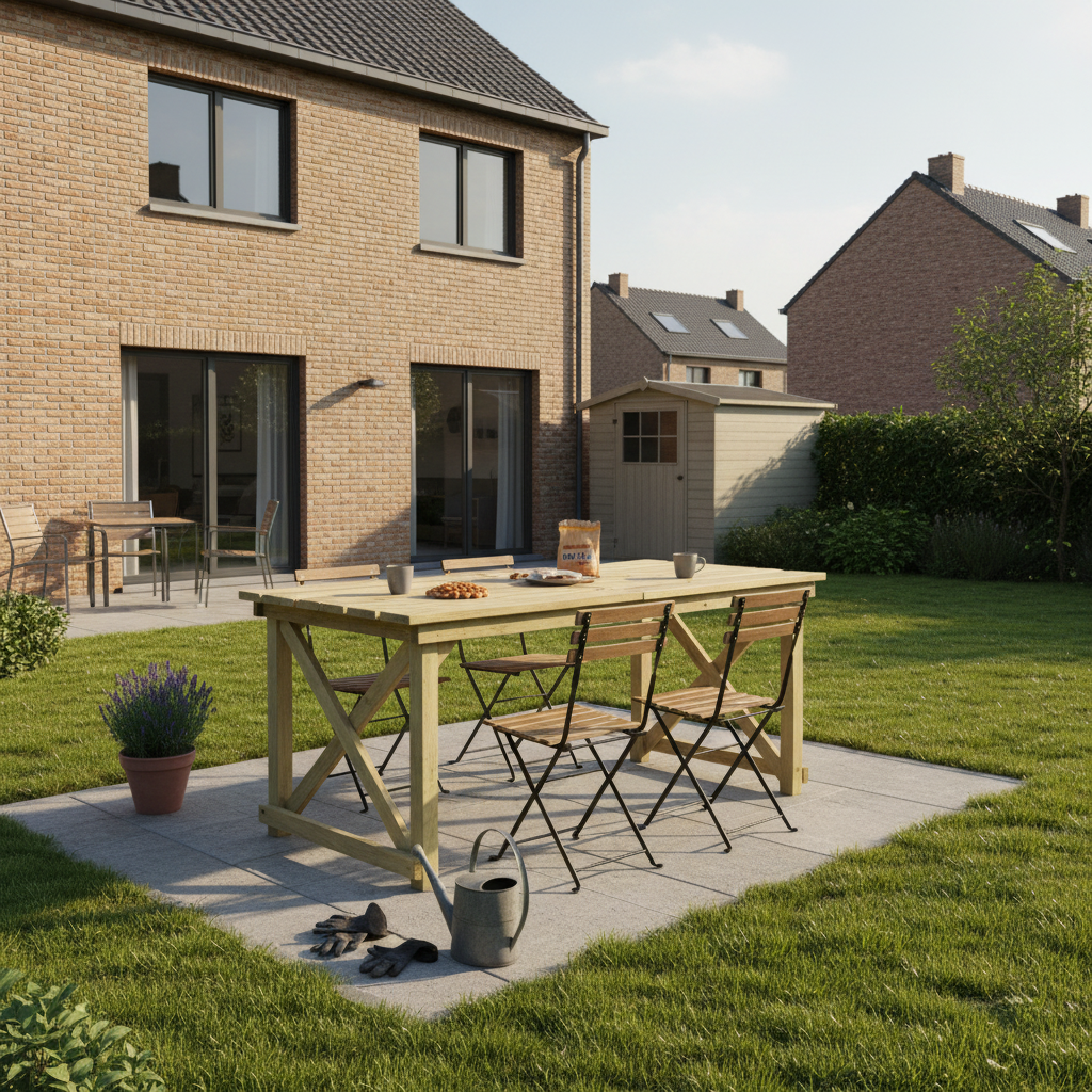 Robuuste tafel in achtertuin