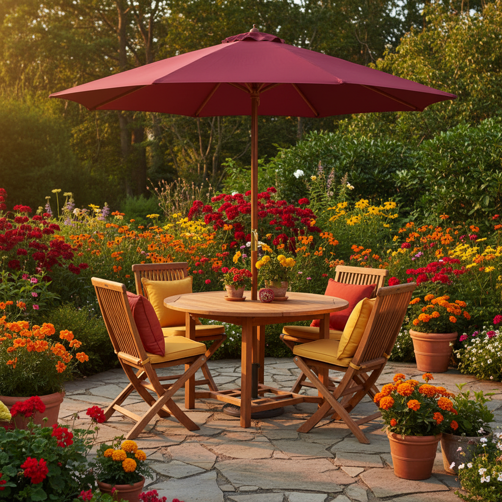 Rode parasol in mediterrane tuin